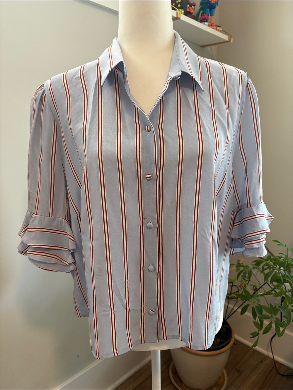Frame Denim Light Blue Silk Blouse with Rust and White Stripes